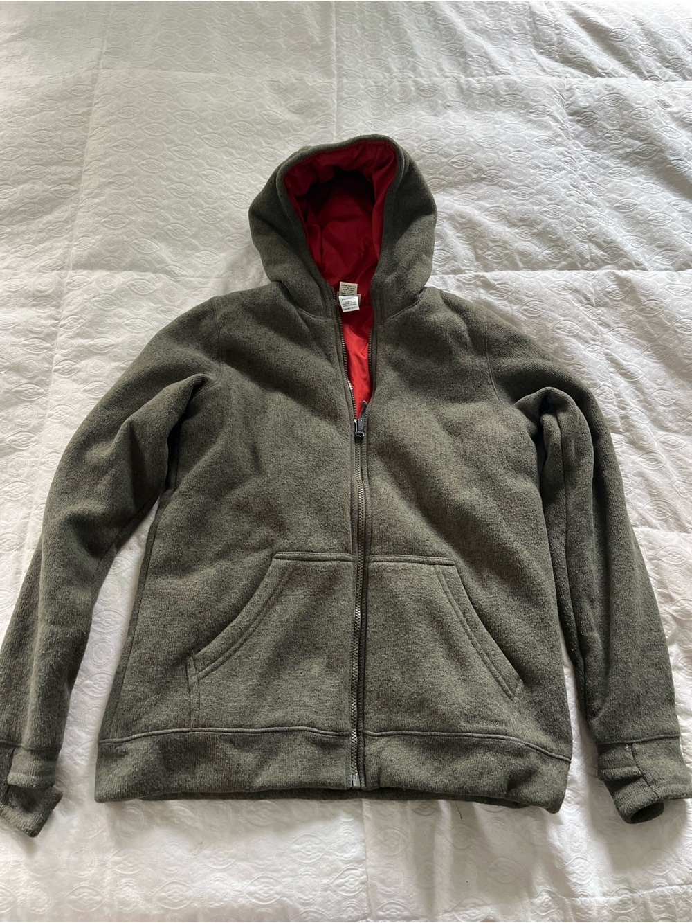 LL Bean Kids Hooded Fleece Jacket - Olive Green with Red Lining size XL / 18
